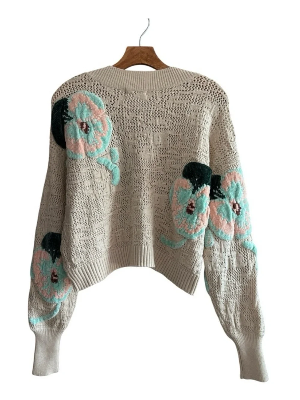 Urban Outfitters Cream Floral Crewneck Sweater with Mint & Peach Accents Size S